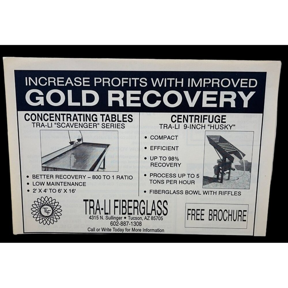 Tra-Li Fiberglass Print Ad Vintage 90s Gold Mining Panning Recovery Tucson AZ